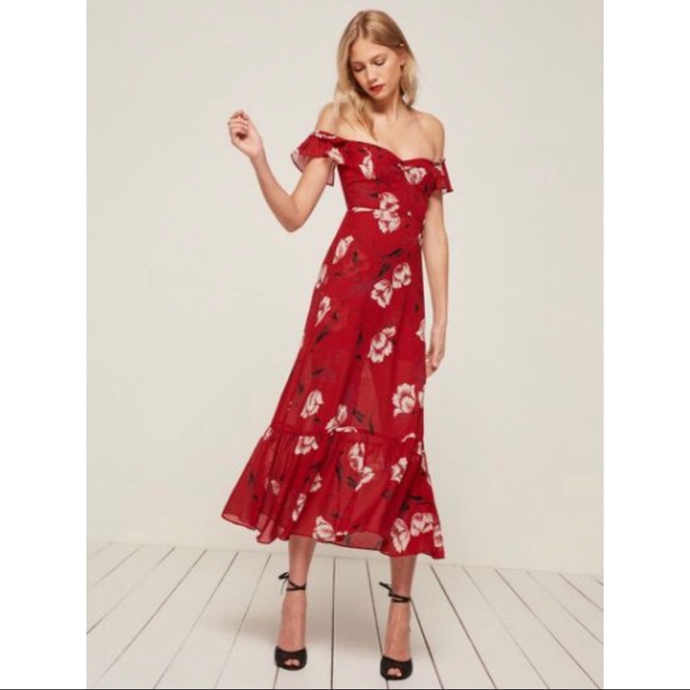 Reformation Red Floral Off-Shoulder Midi Dress